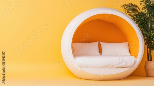 Cozy capsulestyle sleep pod with soft bedding, warm interior lighting photo