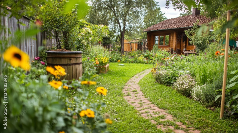 Obraz premium Home composting, a well-maintained home garden with compost bins and natural fertilizer