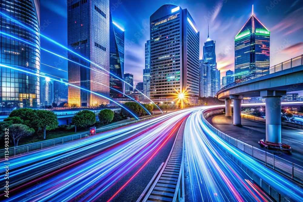 Obraz premium Futuristic Long Exposure Technology Gadgets Infographic with Dynamic Light Trails Showcasing Innovative Devices and Connectivity in a Modern Digital Landscape