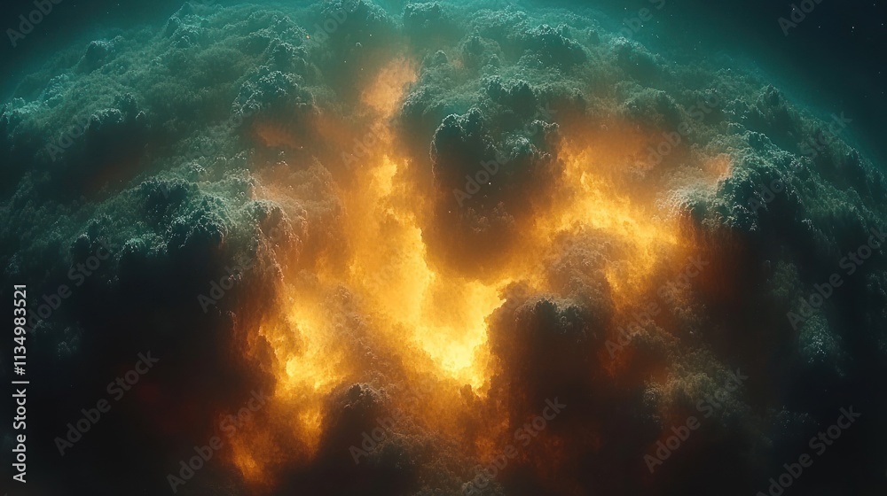 Brilliant flames dance within dark clouds, creating an extraordinary underwater spectacle at dusk Brilliant flames dance within dark clouds, creating an extraordinary underwater spectacle at dusk