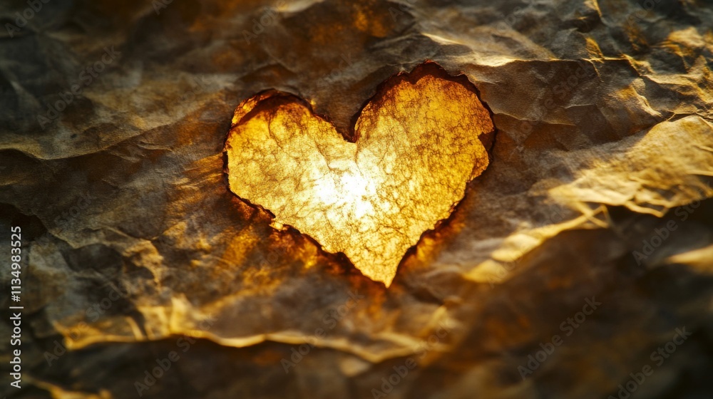 Fototapeta premium Illuminated Heart Shaped Hole in Crumpled Paper