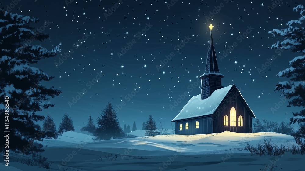 Small church shining under starry christmas night sky Small church shining under starry christmas night sky