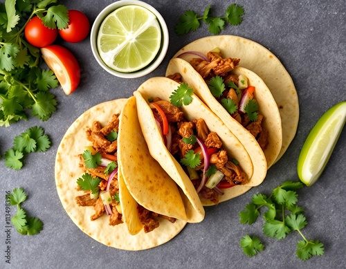 three tacos with meat, onions, and cilantro peppers on a table. photo