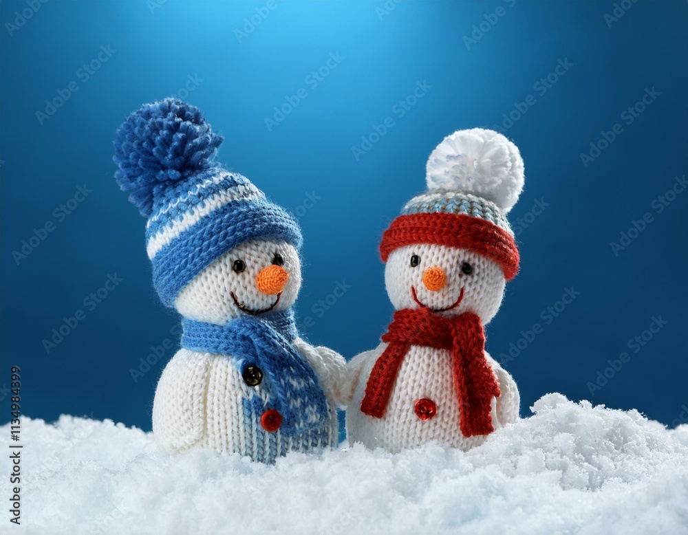 little knitted snowmans on soft snow on blue background little knitted snowmans on soft snow on blue background