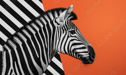 Captivating Zebra Portrait Showcasing Iconic Black and White Stripes Against a Bold Orange Background