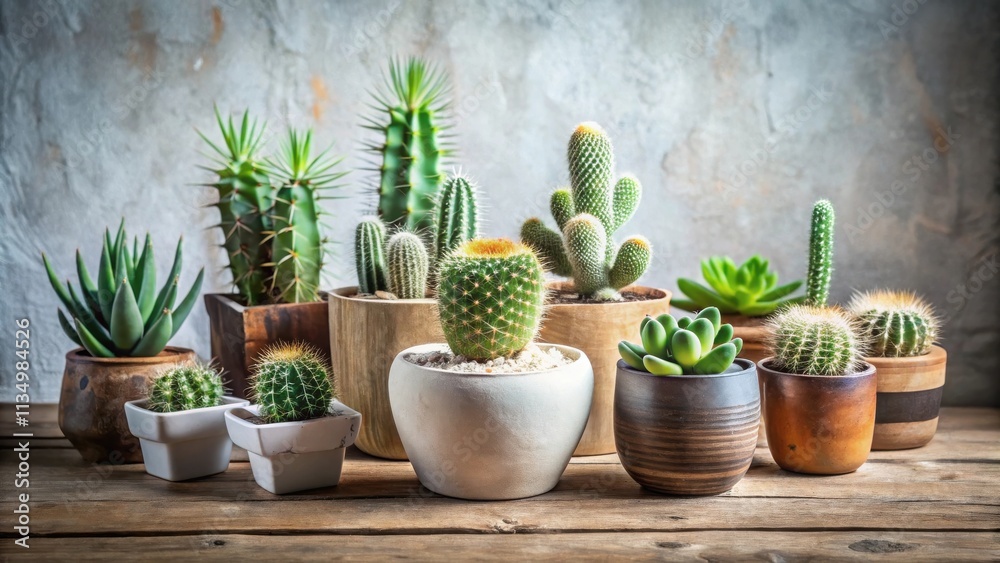 A collection of succulent plants in various pots, showcasing their unique shapes and textures, arranged on a rustic wooden surface, creating a peaceful and minimalistic home decor aesthetic. A collection of succulent plants in various pots, showcasing their unique shapes and textures, arranged on a rustic wooden surface, creating a peaceful and minimalistic home decor aesthetic.