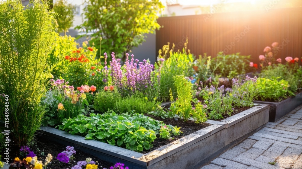 Fototapeta premium Urban garden on rooftop promoting sustainable