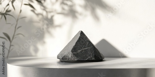 Pyramid-shaped dark gray stone object on a white surface with plant shadows. photo