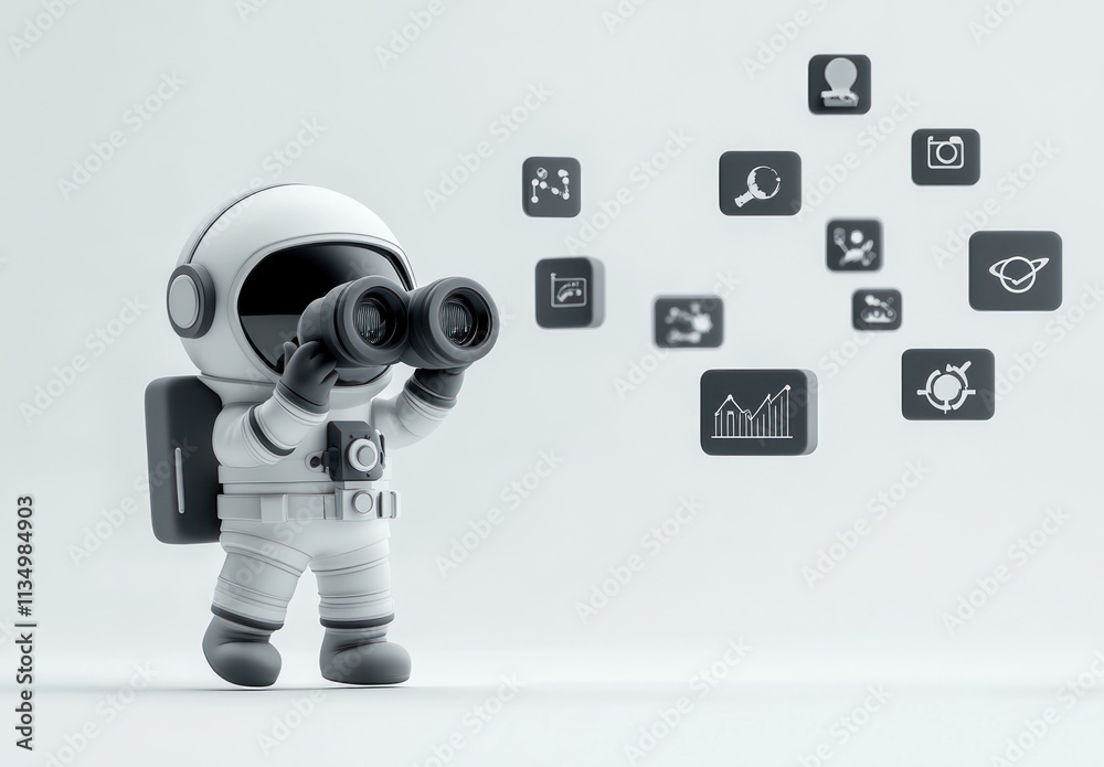 Astronaut using binoculars, searching app icons. Astronaut using binoculars, searching app icons.