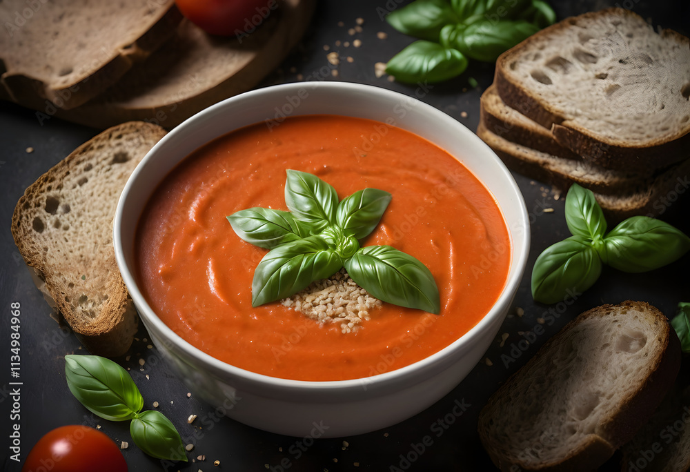 A bowl of creamy vegan tomato soup topped with basil leaves, served with whole-grain bread against a dark backdrop, ai. A bowl of creamy vegan tomato soup topped with basil leaves, served with whole-grain bread against a dark backdrop, ai.