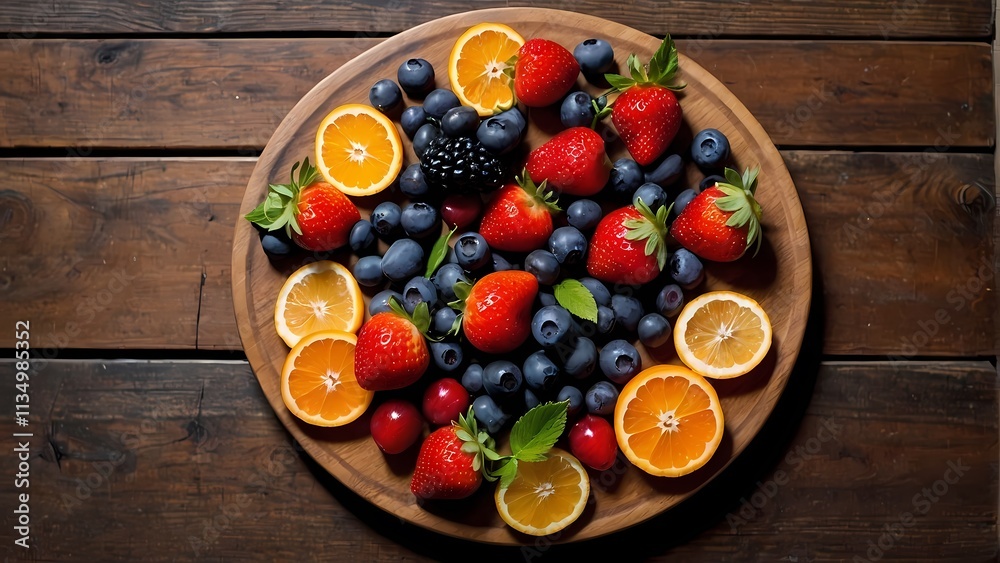 Vibrant Fruit Platter: A mouthwatering assortment of fresh strawberries, blueberries, blackberries, and oranges arranged on a rustic wooden platter, a delightful visual feast of color and texture. Vibrant Fruit Platter: A mouthwatering assortment of fresh strawberries, blueberries, blackberries, and oranges arranged on a rustic wooden platter, a delightful visual feast of color and texture.
