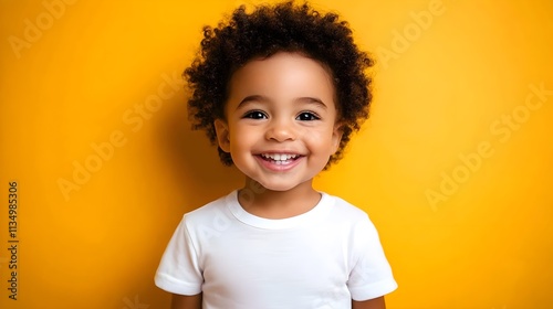 The little boy wore a plain white t-shirt. Sitting on a bright yellow background smile happily

