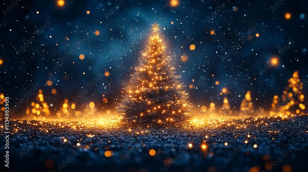 Naklejka premium Glowing christmas tree illuminating snowy landscape at night