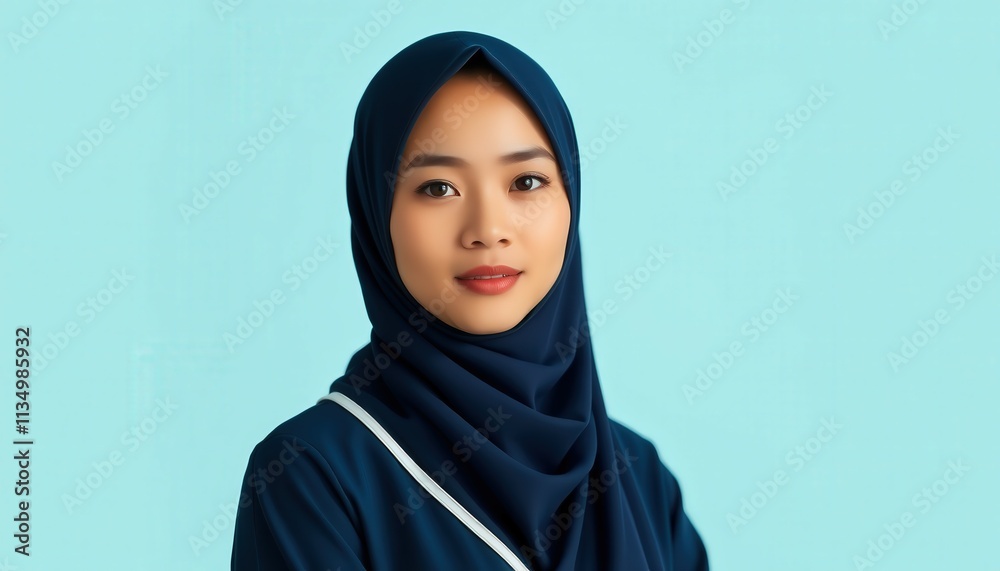 A woman in a navy hijab, looking confidently at the camera, showcasing her style and personality, ideal for fashion and lifestyle content. A woman in a navy hijab, looking confidently at the camera, showcasing her style and personality, ideal for fashion and lifestyle content.