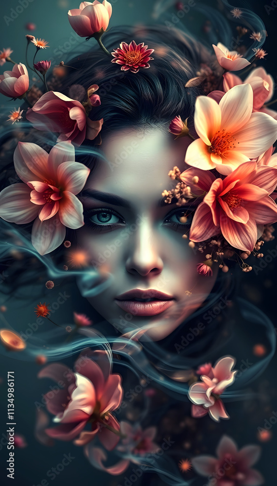 A mesmerizing portrait blending floral elements with a serene expression, capturing the essence of beauty and tranquility, Dynamic motion, with white tones A mesmerizing portrait blending floral elements with a serene expression, capturing the essence of beauty and tranquility, Dynamic motion, with white tones