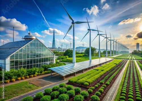 Futuristic Urban Farm with Innovative Wind Turbines and Sustainable Greenhouses in a Modern City Landscape, Showcasing Eco-Friendly Agriculture and Renewable Energy Solutions