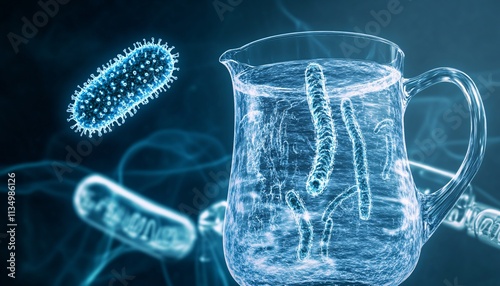 Holographic representation of bacteria hovering beside a water pitcher, illustrating the theme of food contamination and the hidden dangers in our daily environment.