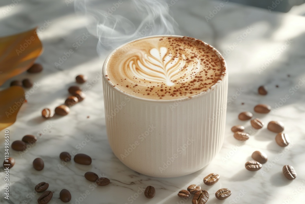 Steaming latte art in a white cup with coffee beans and autumn leaves on a marble surface.