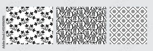 Set of floral seamless patterns. Damask graphic ornaments. Black and white vector backgrounds.