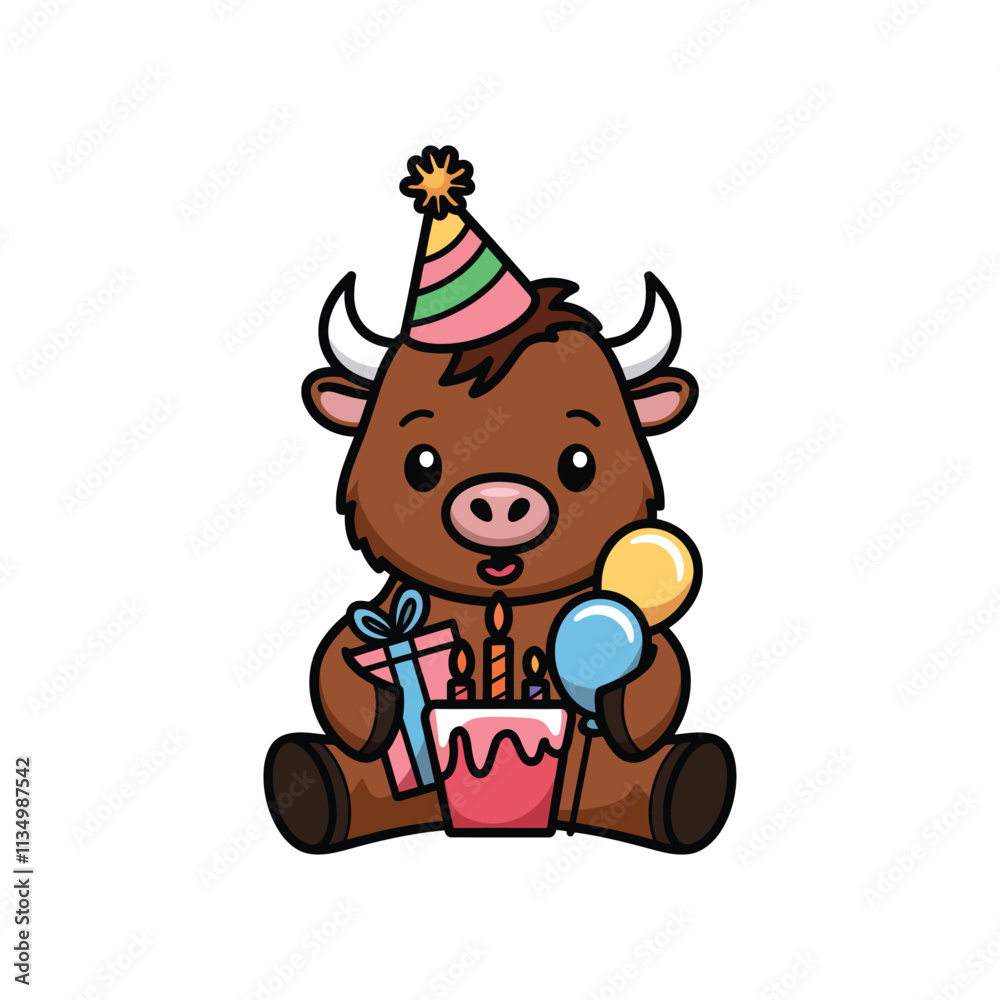 Fototapeta premium A cute brown bull wearing a party hat and holding a birthday cake with candles, sitting on the ground