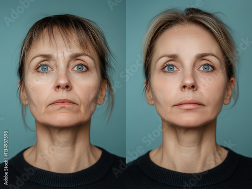  before and after of 50s woman face with wrinkles, cosmetic rejuvenation treatment looking younger