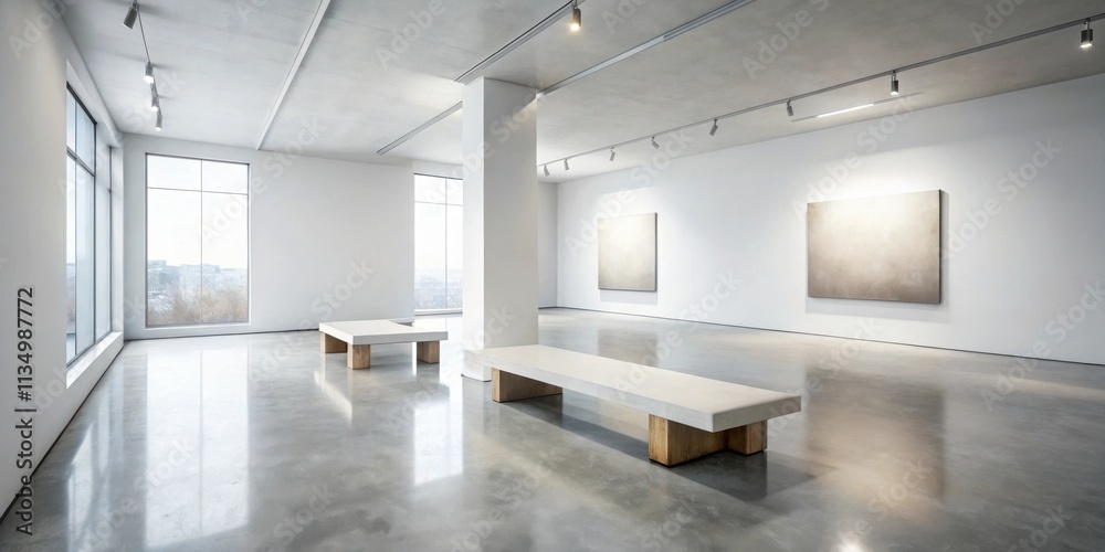 A minimalist gallery space with large windows, sleek concrete floors, and two abstract paintings hanging on the white walls, creating a serene and contemporary atmosphere.
