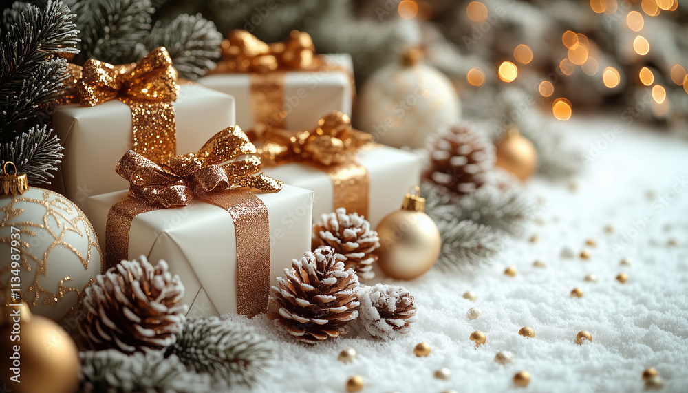 Christmas ball with snow and lights in winter. Christmas banner with space for text. Happy New Year background. Happy Holidays greeting card. Winter Christmas theme. Christmas ball with snow and lights in winter. Christmas banner with space for text. Happy New Year background. Happy Holidays greeting card. Winter Christmas theme.