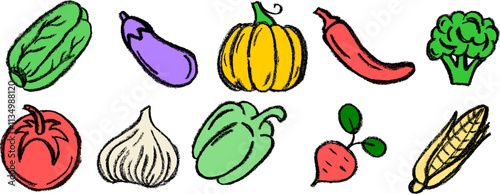Vegetables Colorful Icons Drawing Crayon Chalk Vector Set
