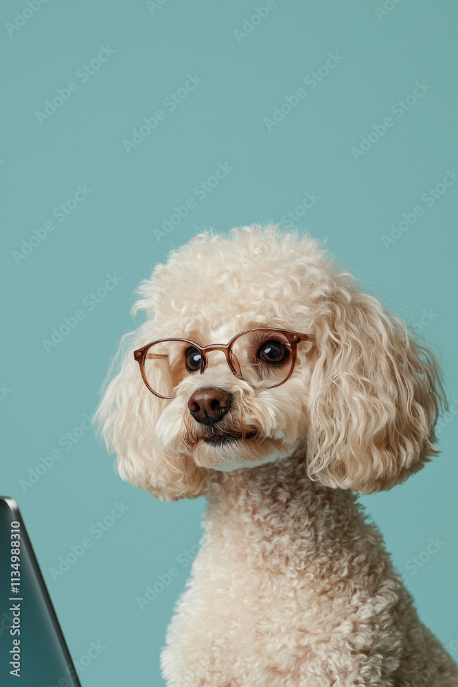 Adorable Poodle with Glasses Looking Smart and Stylish at Work, Adding a Fun Element to the Office Environment, Perfect for Pet Lovers and Whimsical Decor Inspiration