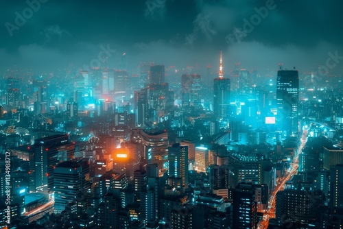 Wallpaper Mural The bustling city skyline is alive at night, showcasing illuminated skyscrapers that pierce through the mist, creating a vibrant urban atmosphere filled with energy. Torontodigital.ca