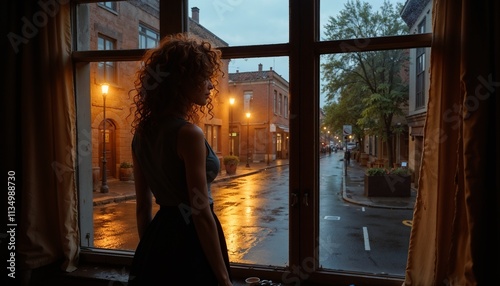 Sociophobe Red-haired woman, Curly-haired woman gazing out the window on a rainy evening with nostalgic mood in urban setting