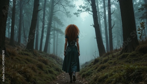 Sociophobe Red-haired woman, Red-haired woman walking through a misty forest with a contemplative mood in emerald green dress photo