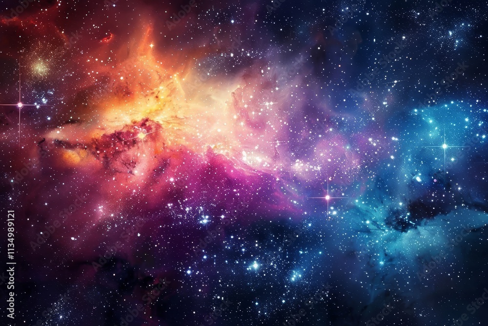 Naklejka premium Colorful cosmic clouds merge with sparkling stars, creating a breathtaking view of the universe in a vibrant spectrum of colors during deep space exploration.