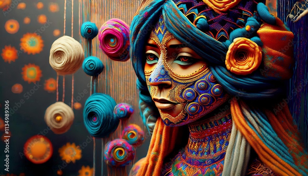 Naklejka premium Fantasy Portrait of a Vibrant Ethereal Woman with Intricate Patterns and Textures