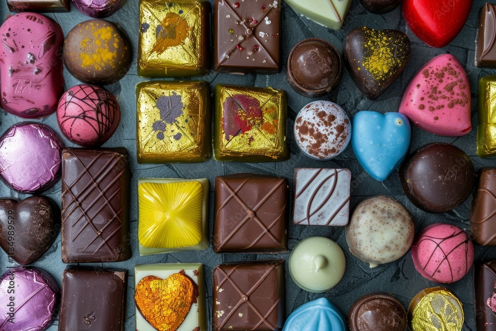 A vibrant collection of assorted gourmet chocolates featuring various shapes, sizes, and colors, showcasing exquisite craftsmanship and delightful flavors. A vibrant collection of assorted gourmet chocolates featuring various shapes, sizes, and colors, showcasing exquisite craftsmanship and delightful flavors.