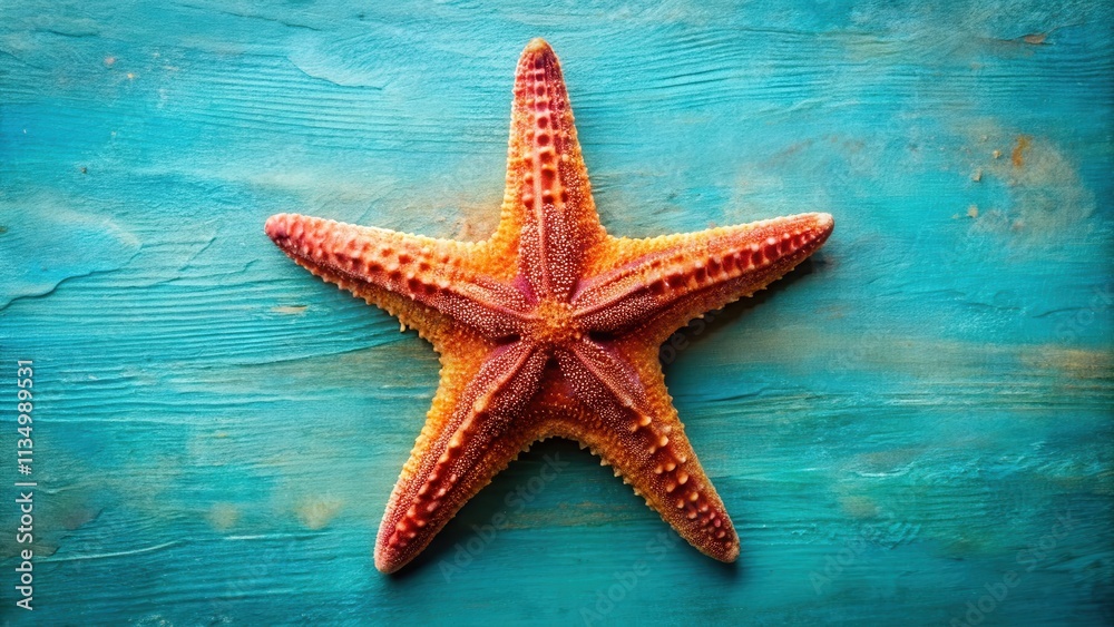 A vibrant orange starfish rests on a weathered turquoise wooden surface, the rough texture of the wood contrasting with the smooth, delicate curves of the starfish. A vibrant orange starfish rests on a weathered turquoise wooden surface, the rough texture of the wood contrasting with the smooth, delicate curves of the starfish.