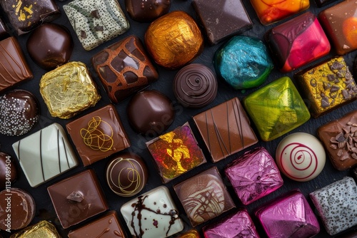 An artistic display of various artisan chocolates lies on a dark background, highlighting exquisite designs and rich colors, perfect for any chocolate lover.