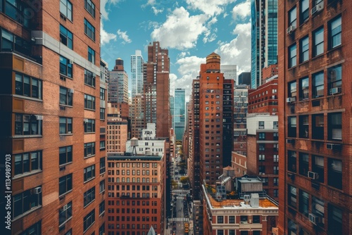 The bustling streets of New York City come alive with towering red-brick buildings and a clear blue sky, capturing the essence of urban life and architecture.