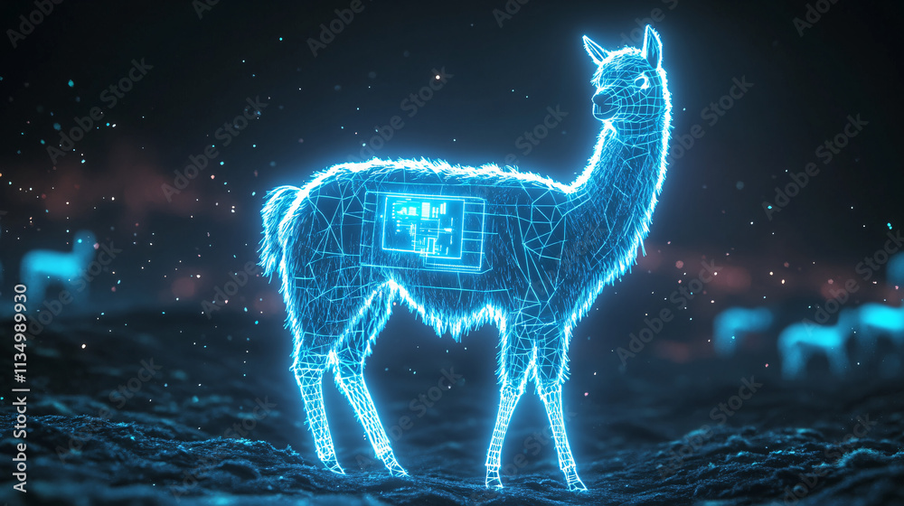 A futuristic llama icon glowing with wool production data, symbolizing online farming platforms, smart livestock management tools, and sustainable agriculture initiatives. A futuristic llama icon glowing with wool production data, symbolizing online farming platforms, smart livestock management tools, and sustainable agriculture initiatives.