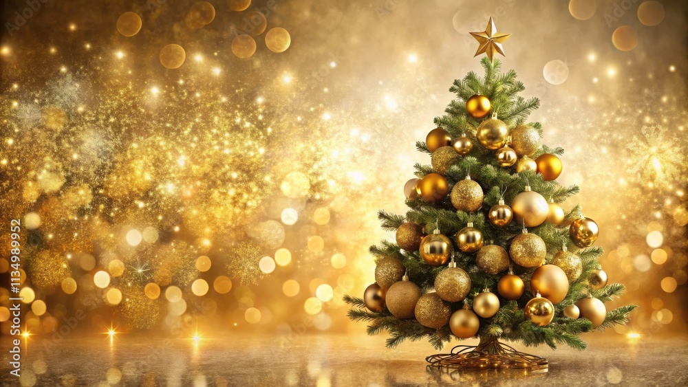 A festive Christmas tree adorned with shimmering golden ornaments stands proudly against a sparkling background of twinkling lights and shimmering gold. A festive Christmas tree adorned with shimmering golden ornaments stands proudly against a sparkling background of twinkling lights and shimmering gold.