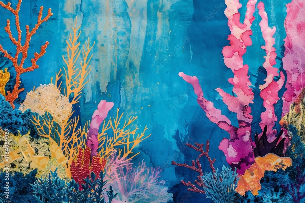 Fototapeta premium A stunning coral reef showcases a variety of colors and textures, with vibrant corals in shades of pink, orange, and blue thriving under the sunlight in a serene ocean setting.