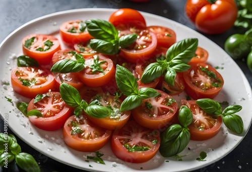 A plate of vibrant tomatoes topped with basil, sea salt, and parsley, enhanced with a drizzle of olive oil, ai.