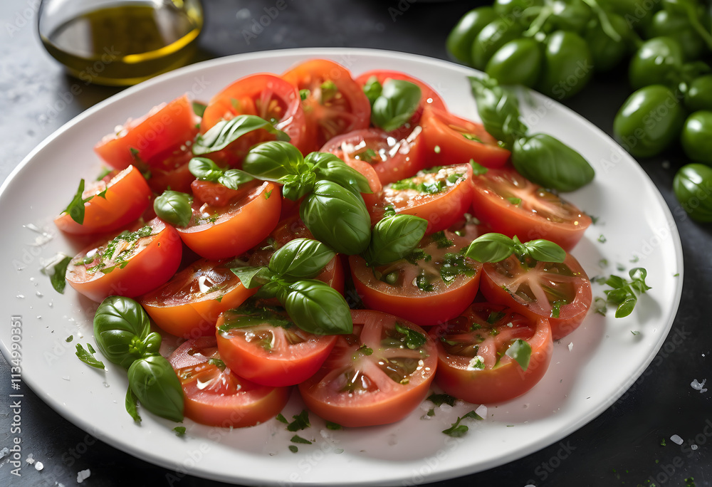 A plate of vibrant tomatoes topped with basil, sea salt, and parsley, enhanced with a drizzle of olive oil, ai. A plate of vibrant tomatoes topped with basil, sea salt, and parsley, enhanced with a drizzle of olive oil, ai.