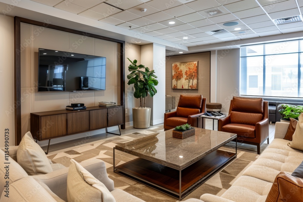 Fototapeta premium A stylish lobby features plush seating arrangements, a large TV mounted on the wall, and vibrant decor, creating a welcoming environment for visitors.