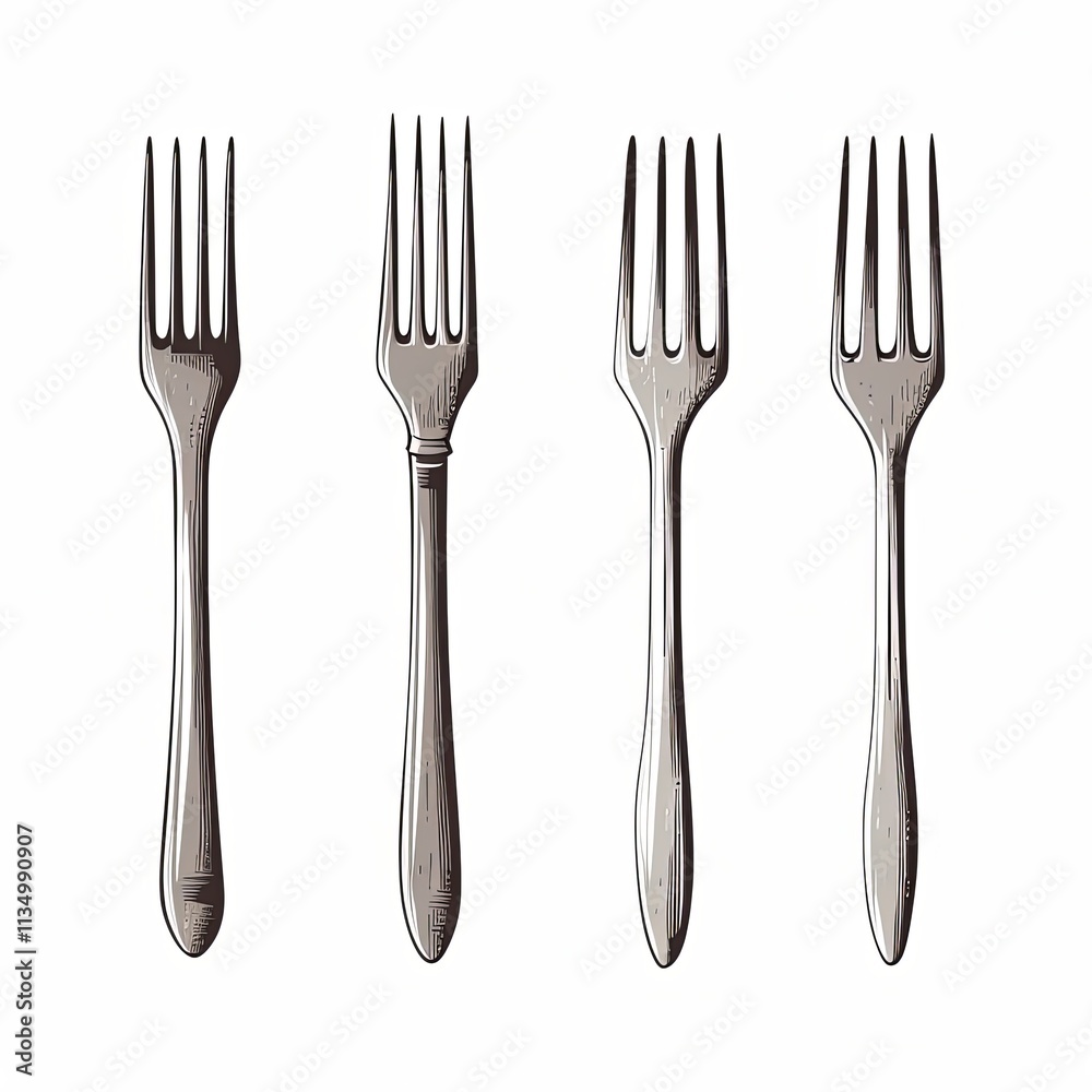 Set of four detailed silver forks with unique handle designs isolated on a white background. Studio photography for dining and kitchenware concept. Set of four detailed silver forks with unique handle designs isolated on a white background. Studio photography for dining and kitchenware concept.