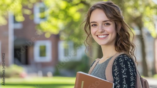 Smiling female student holding a book outdoors on campus