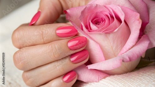 A close-up of manicured nails holding a delicate rose petal with soft natural light
