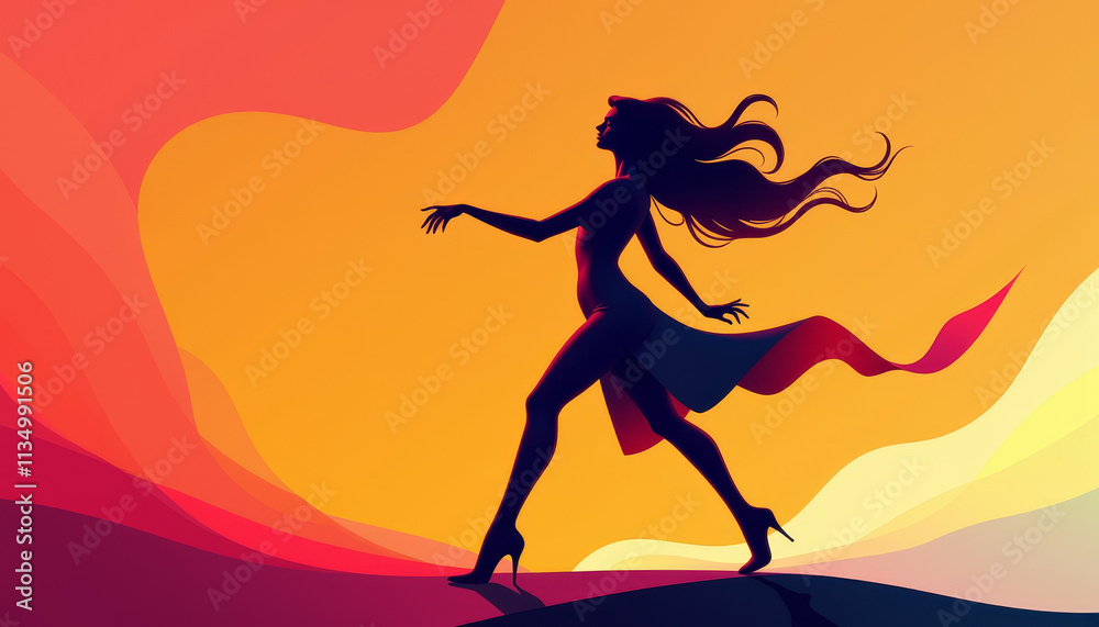 Silhouette of a woman dancing gracefully against a colorful abstract background for artistic expression Silhouette of a woman dancing gracefully against a colorful abstract background for artistic expression