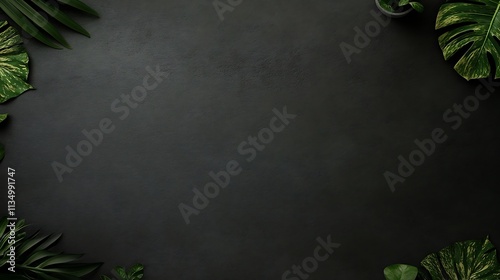 Dark Background with Green Tropical Leaves photo