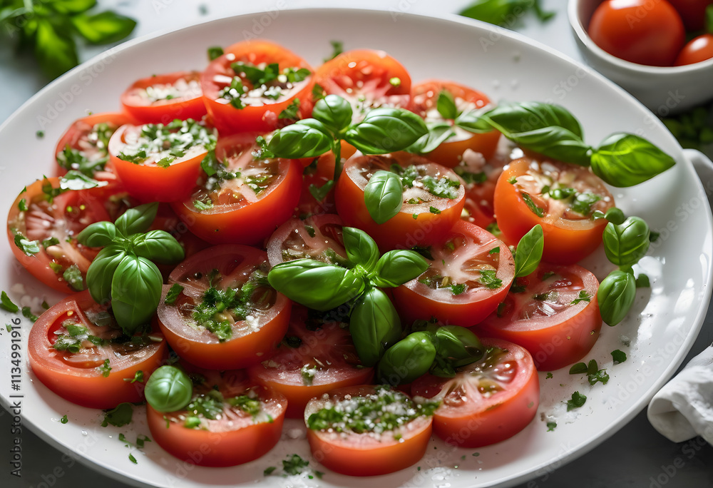 Fresh tomatoes with basil and sea salt on a white plate, garnished with parsley and drizzled with olive oil, ai. Fresh tomatoes with basil and sea salt on a white plate, garnished with parsley and drizzled with olive oil, ai.
